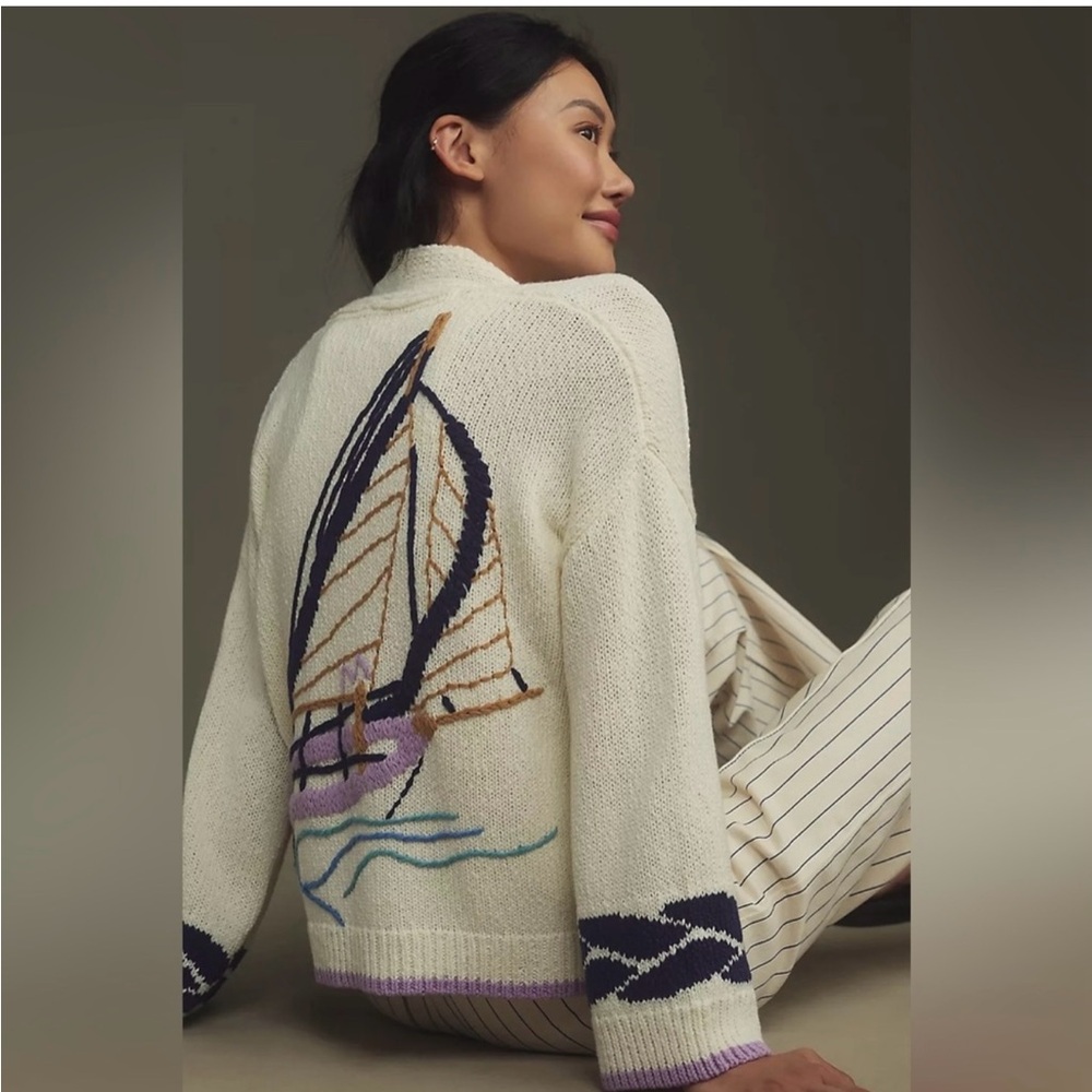 Anthropologie Cream Sailboat Cardigan